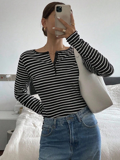 Striped thermal Henley top long sleeve fitted style
