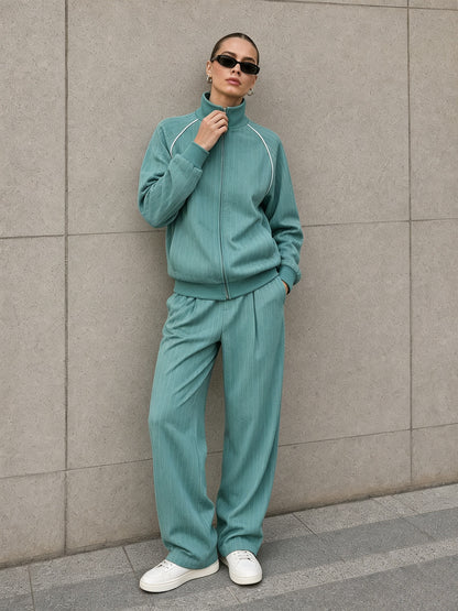 Women's Striped Zip Up Jacket Wide Leg Pants 2 Piece Set