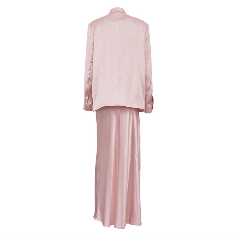 Women's Satin Blazer Maxi Skirt Two Piece Set