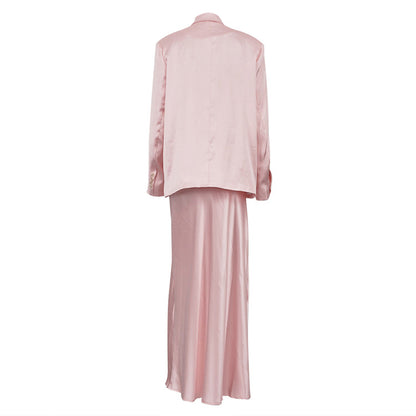 Women's Satin Blazer Maxi Skirt Two Piece Set