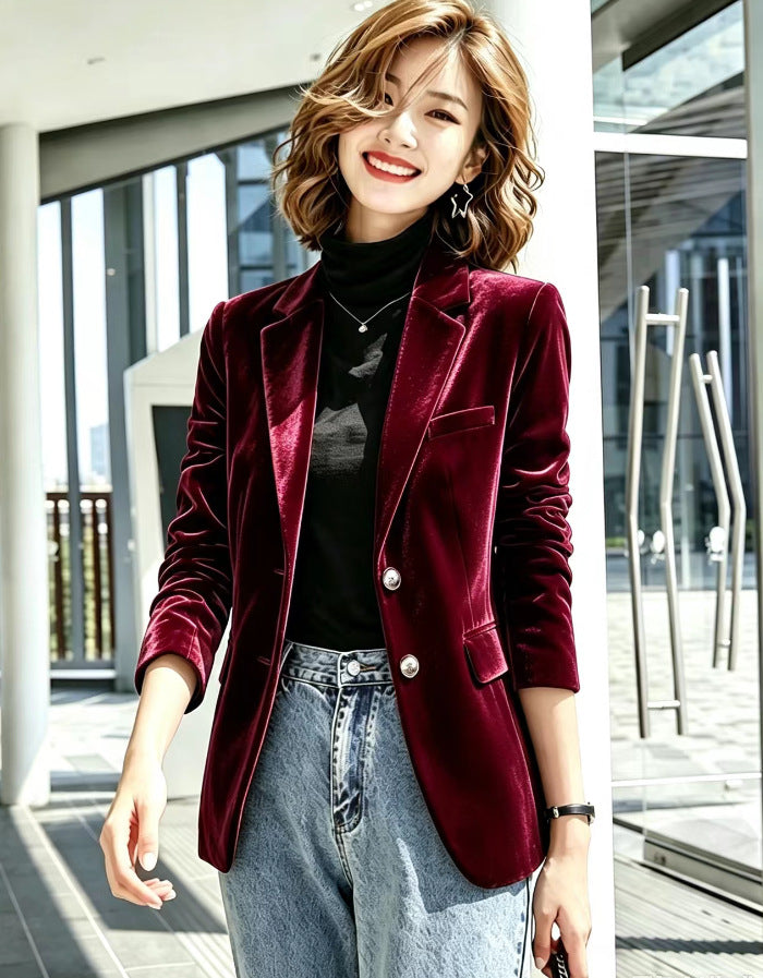 Women's Vintage Velvet Blazer Fitted Button Lapel Jacket
