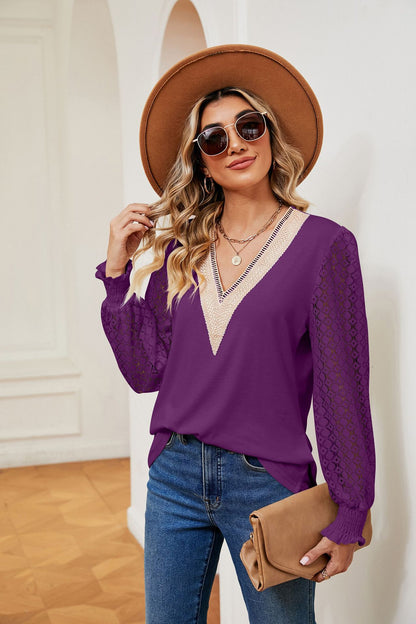 V-Neck Lace Long Sleeve Loose Fit Tunic Top