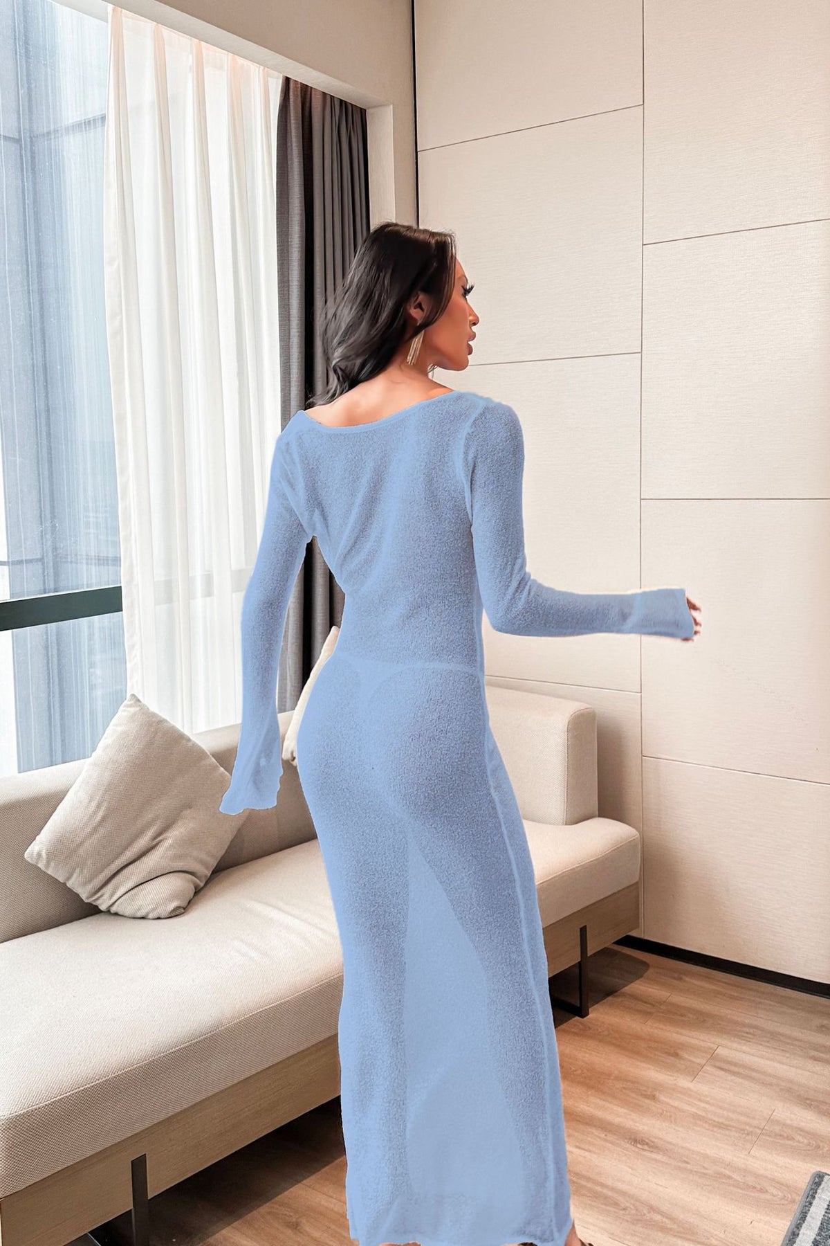 Sexy Backless Sheer Maxi Dress Long Sleeve Beach Cover Up