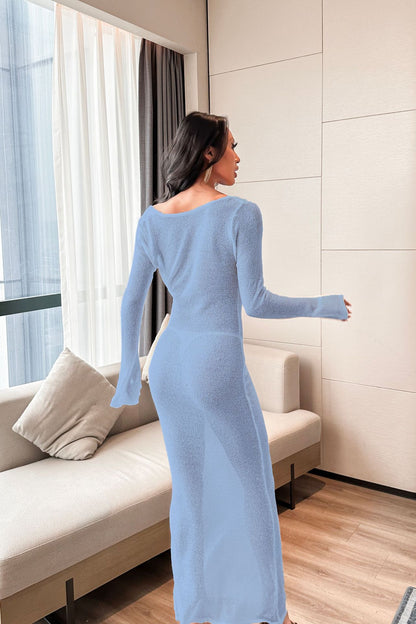 Sexy Backless Sheer Maxi Dress Long Sleeve Beach Cover Up