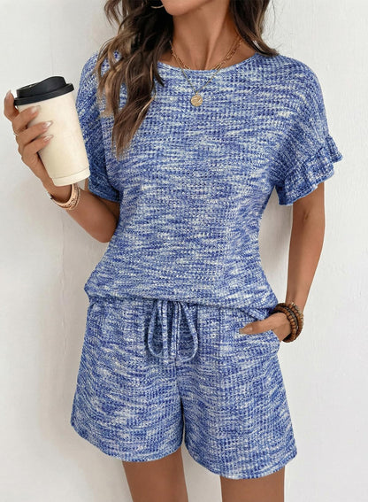 Textured Knit Lounge Set Ruffle Sleeve Drawstring