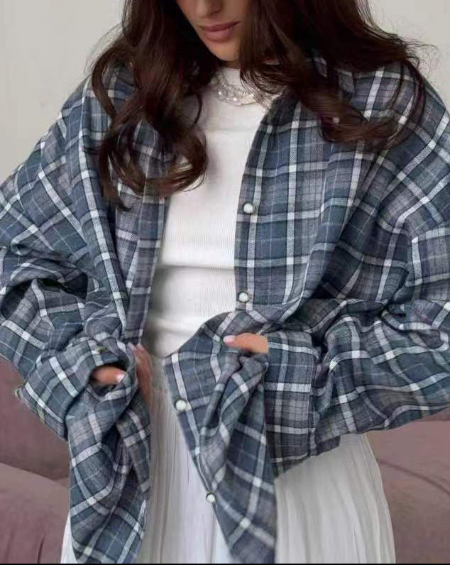 Oversized Plaid Button Up Shirt Long Sleeve Pocket Top