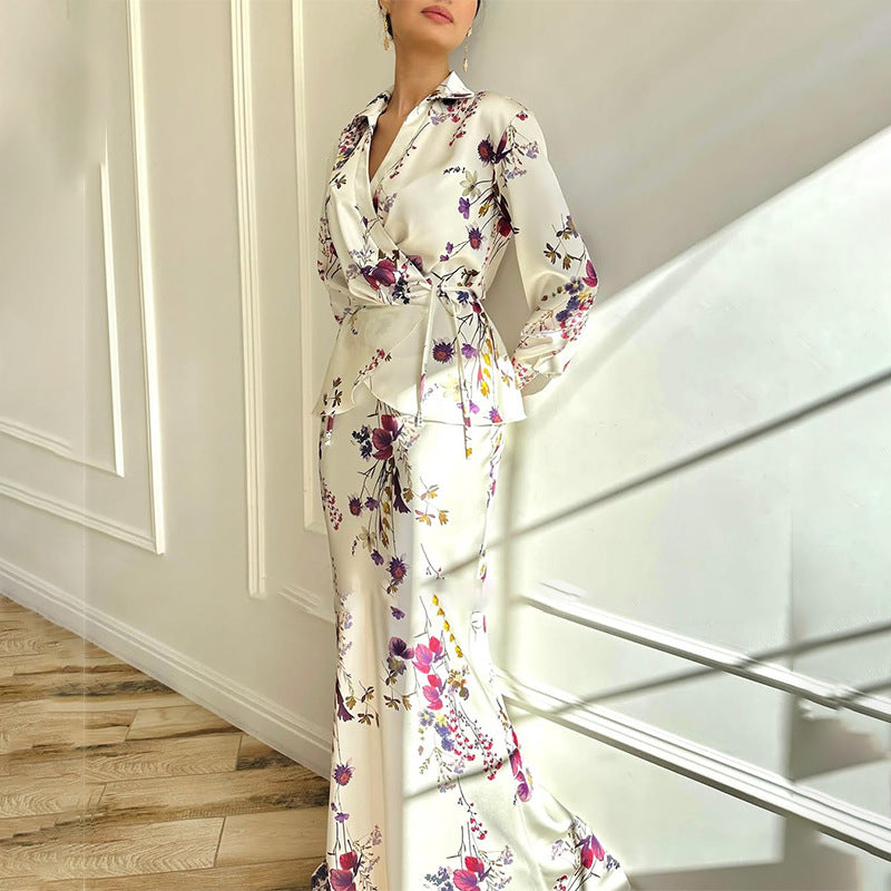 Women's Floral Long Sleeve Tie Waist Top & Maxi Skirt Set