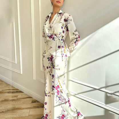 Women's Floral Long Sleeve Tie Waist Top & Maxi Skirt Set