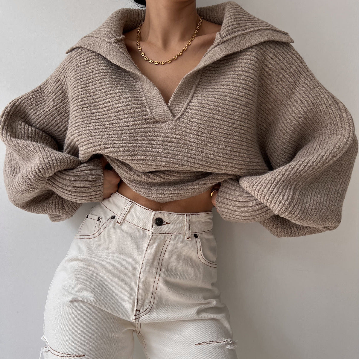 Oversized Collared V-Neck Knit Sweater Pullover