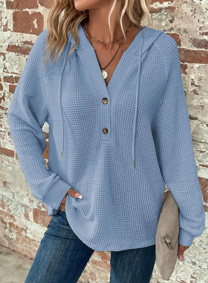Women's Oversized Waffle Knit Hoodie V Neck Button Pullover