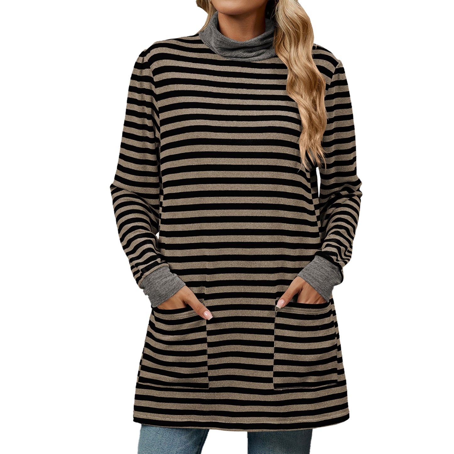 Oversized Striped Turtleneck Tunic Long Sleeve with Pockets