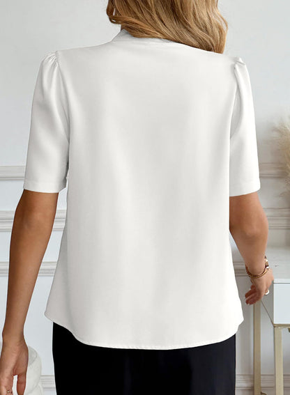 V Neck Button Front Business Casual Blouse Short Sleeve Top