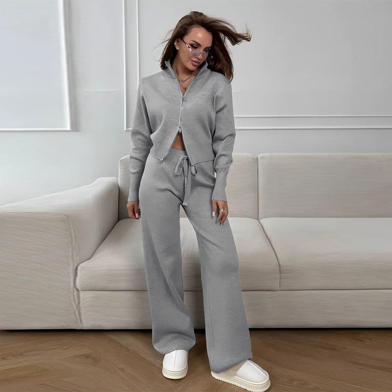 Women's Knit Lounge Set Zip Up Top Wide Leg Pants