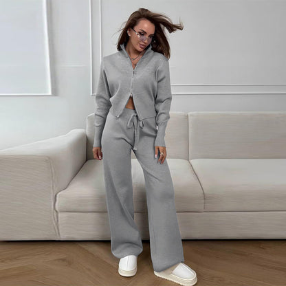 Women's Knit Lounge Set Zip Up Top Wide Leg Pants