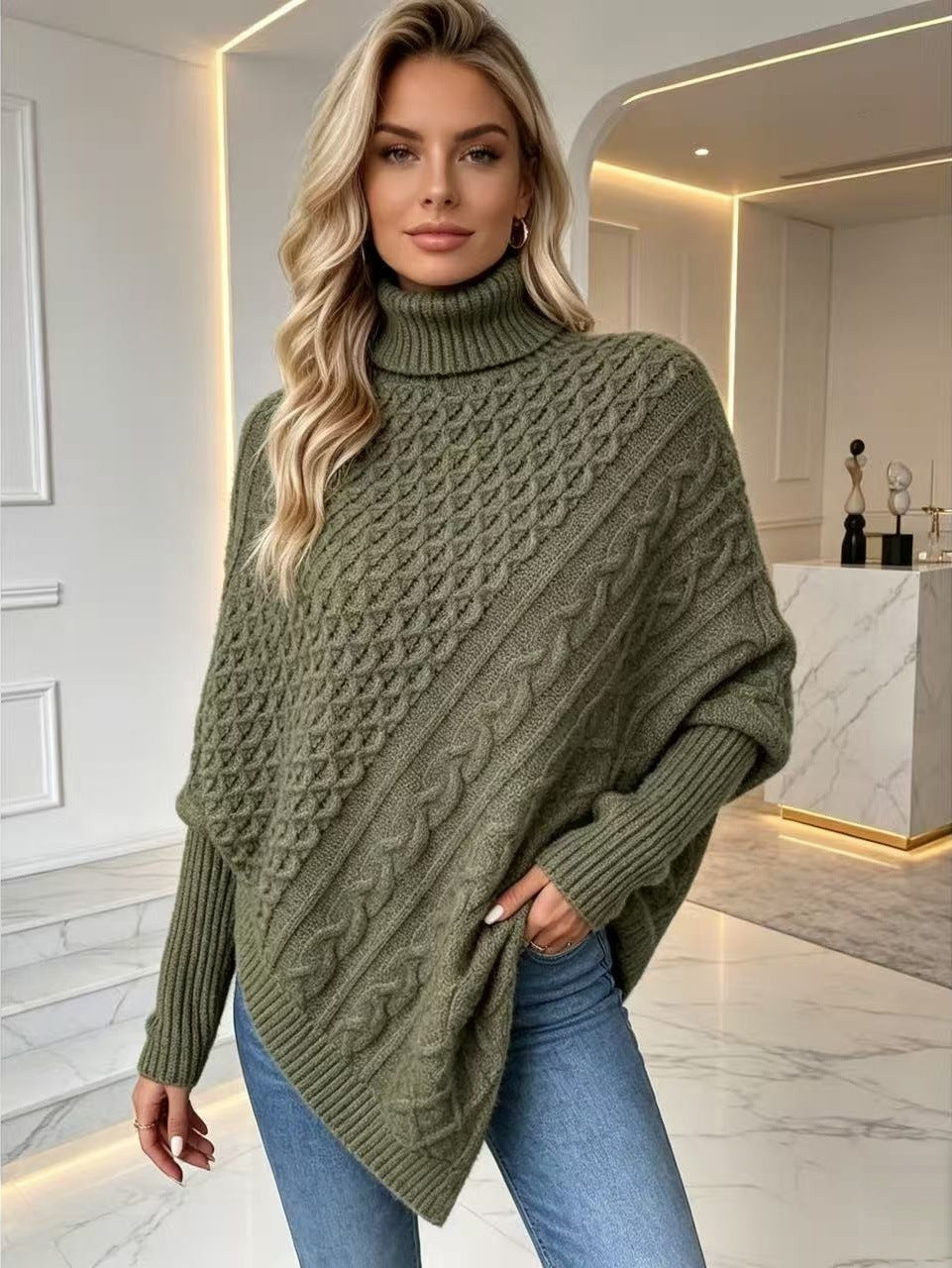 Women's Oversized Cable Knit Turtleneck Poncho Sweater