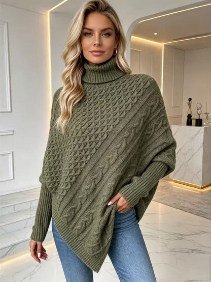 Women's Oversized Cable Knit Turtleneck Poncho Sweater