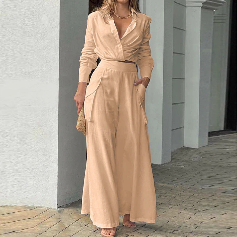 Women's 2 Piece Collared Shirt Wide Leg Pants Set