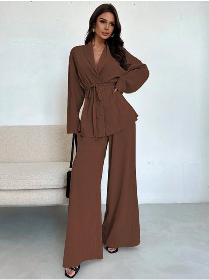Lapel Belted Top Wide Leg Pants Two Piece Set