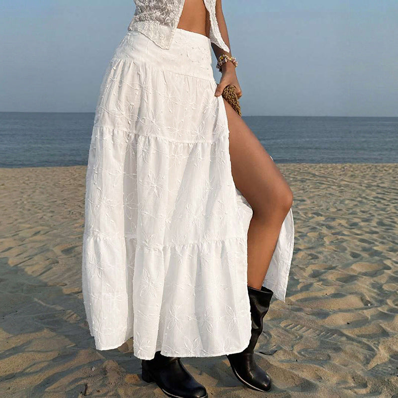 White Boho Maxi Skirt High Slit Embroidered Flowy Summer Vacation