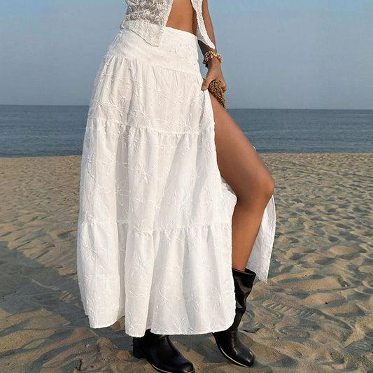 White Boho Maxi Skirt High Slit Embroidered Flowy Summer Vacation