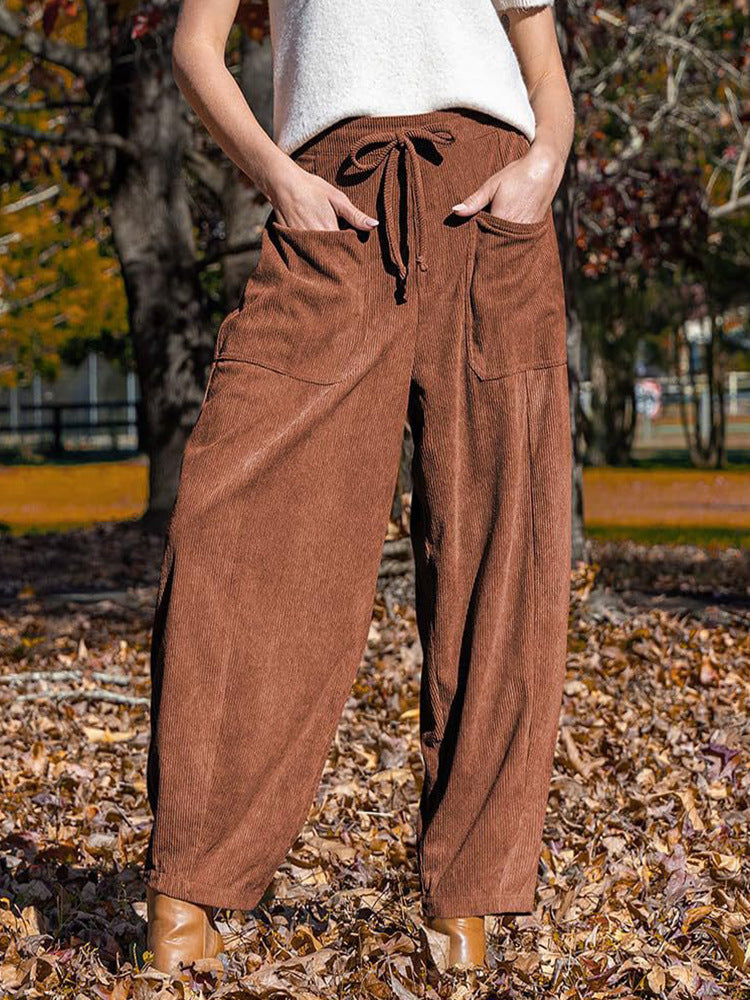 Women's Corduroy Wide Leg Pants Drawstring Pockets