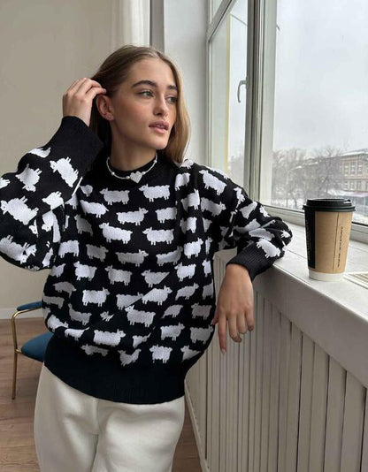 Oversized Crewneck Sheep Print Knit Sweater