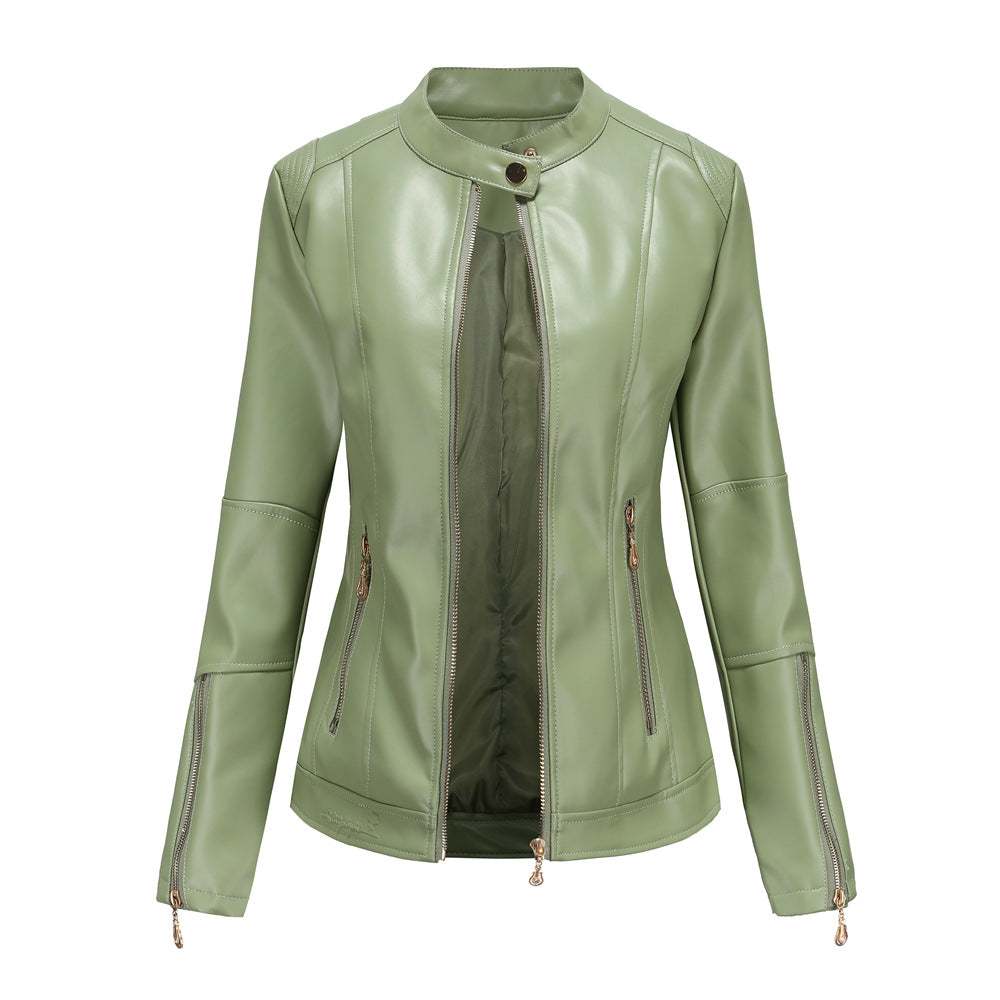 Women's Faux Leather Stand Collar Moto Jacket Zip Up