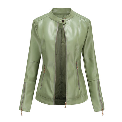 Women's Faux Leather Stand Collar Moto Jacket Zip Up