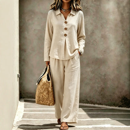 Womens Linen Button Shirt Wide Leg Pants Two Piece Set