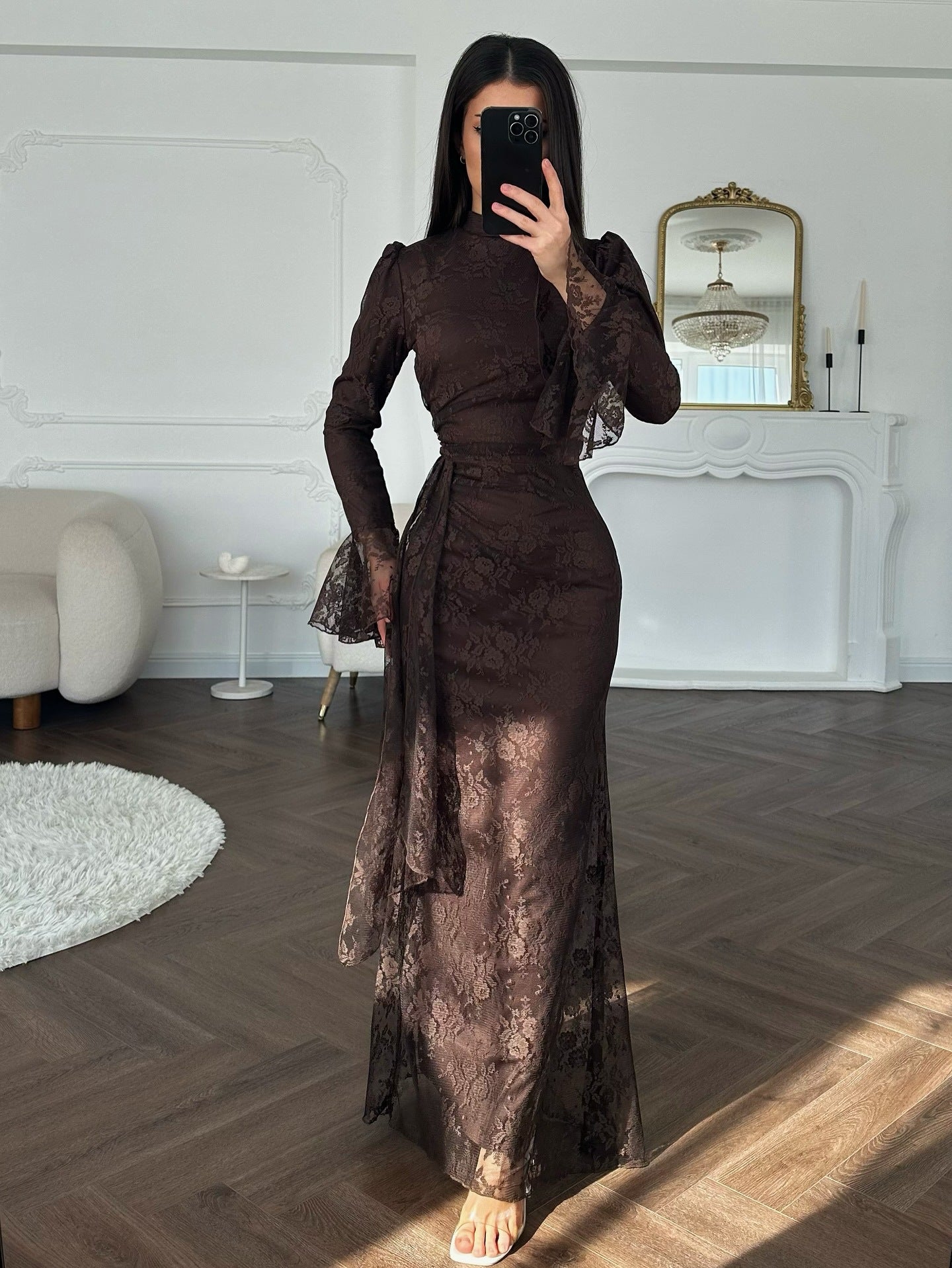 Lace Mock Neck Long Sleeve Bodycon Evening Maxi Dress
