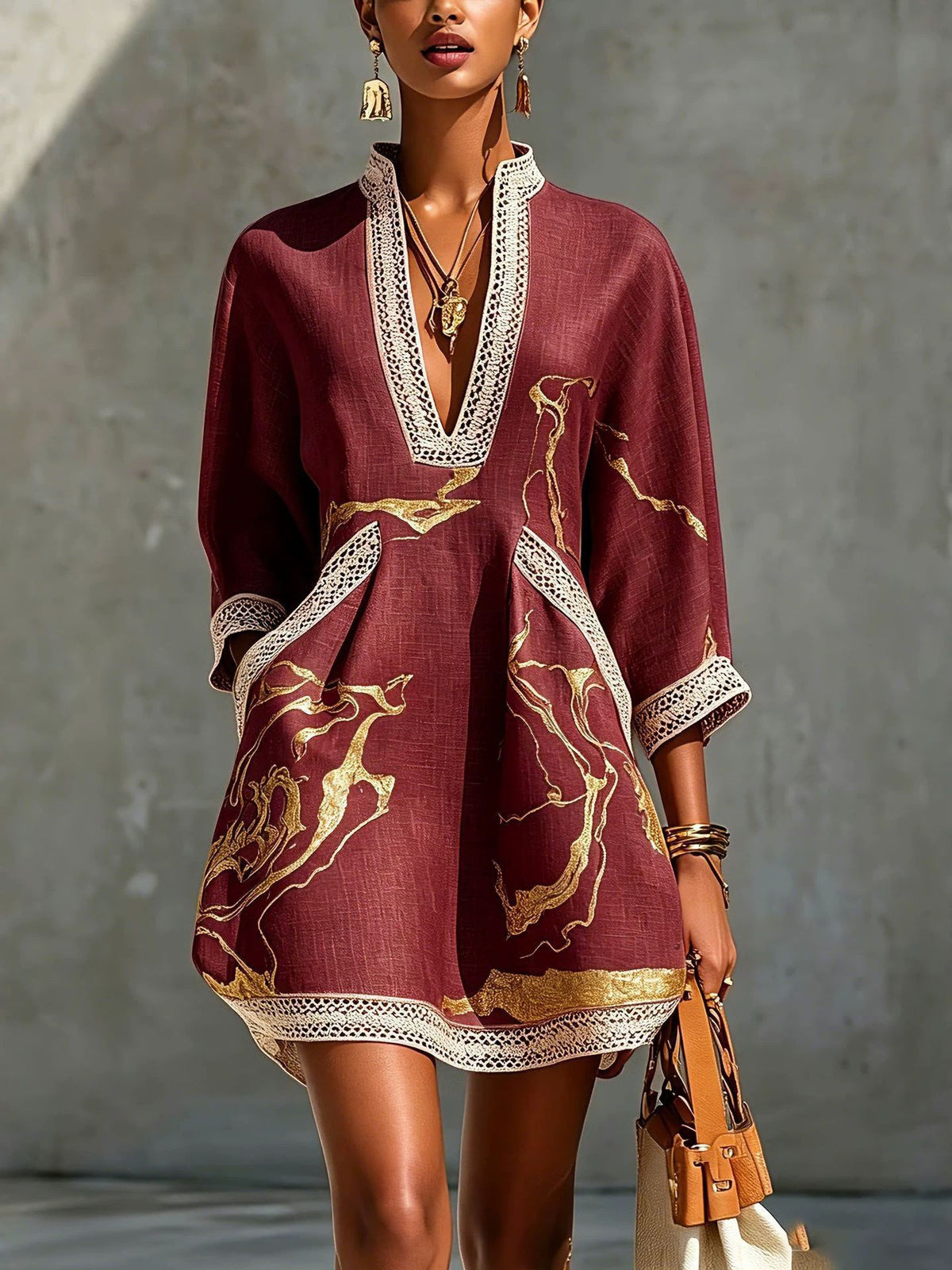 Women's V-Neck Lace Gold Metallic Mini Dress 3/4 Sleeve