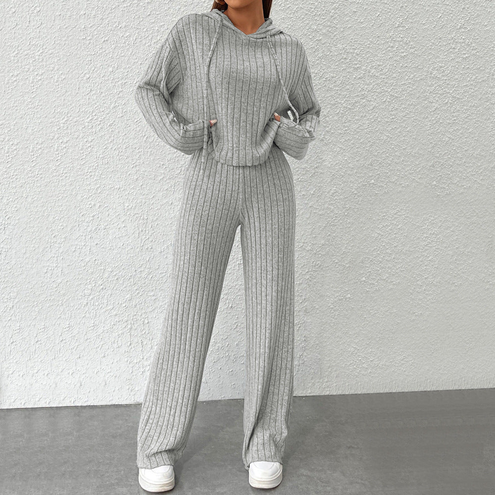 Ribbed Knit Hooded Lounge Set Flare Pants