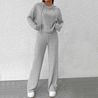 Ribbed Knit Hooded Lounge Set Flare Pants