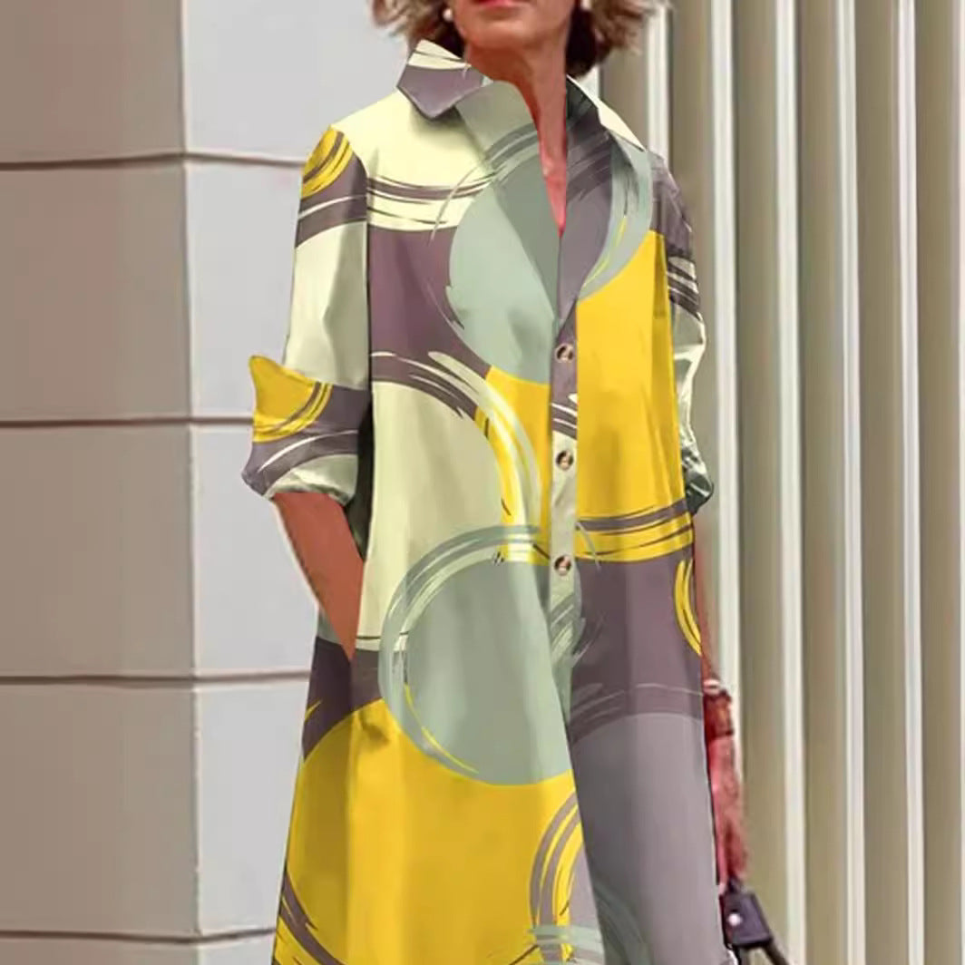 Women's Geometric Button Down Shirt Dress with Pockets