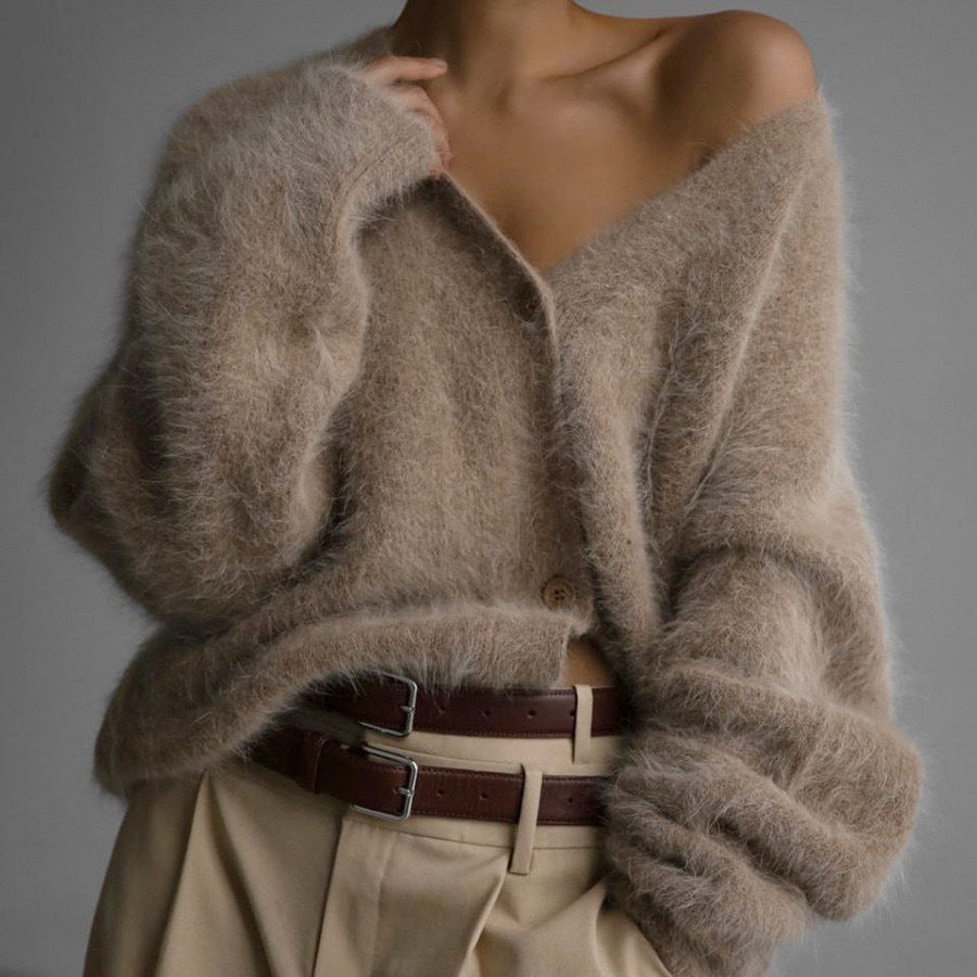 Oversized Fuzzy V-Neck Cardigan Sweater