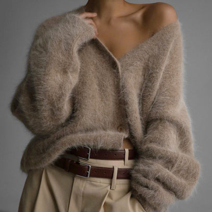 Oversized Fuzzy V-Neck Cardigan Sweater