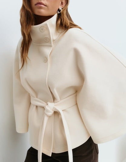 Women's Belted Cape Coat Stand Collar Button Jacket