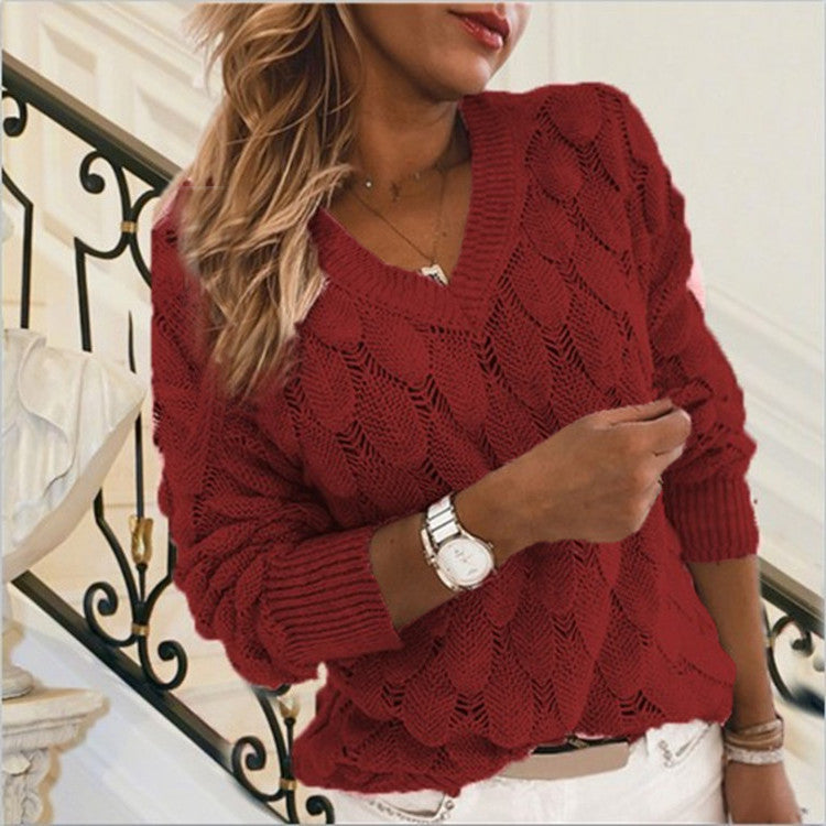 Women's Oversized V-Neck Long Sleeve Crochet Sweater