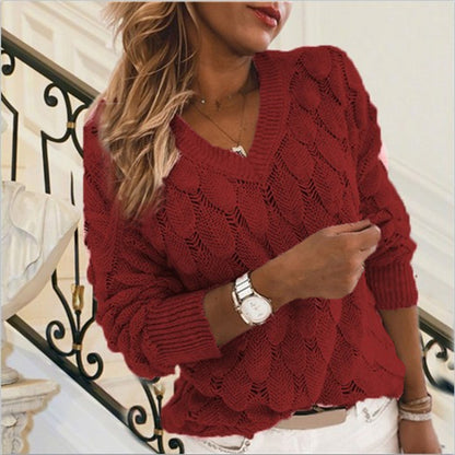 Women's Oversized V-Neck Long Sleeve Crochet Sweater