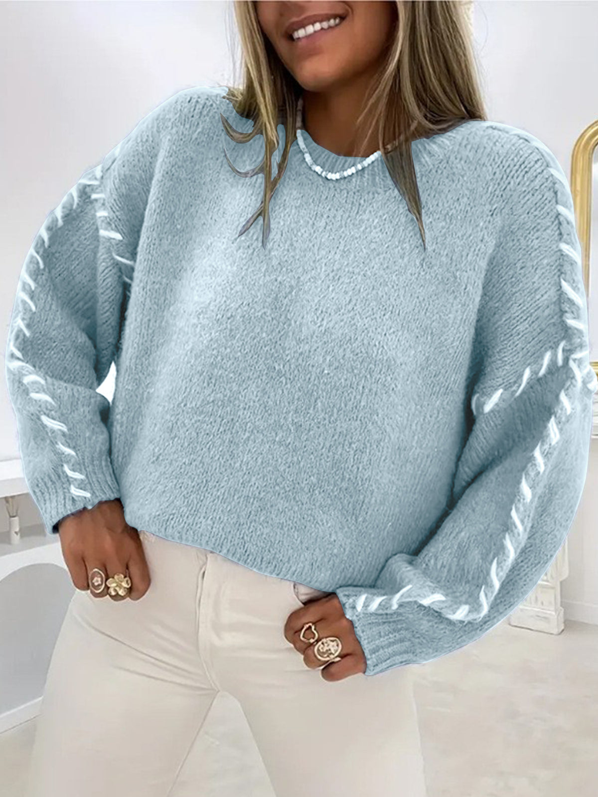Women's Oversized Lace-Up Sleeve Chunky Knit Sweater