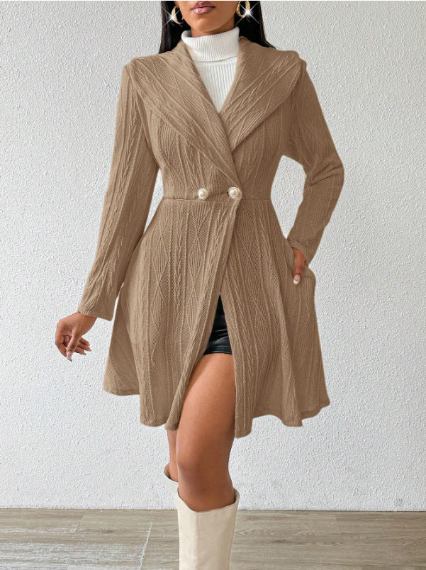 Women's Fitted Flared Textured Lapel Midi Coat