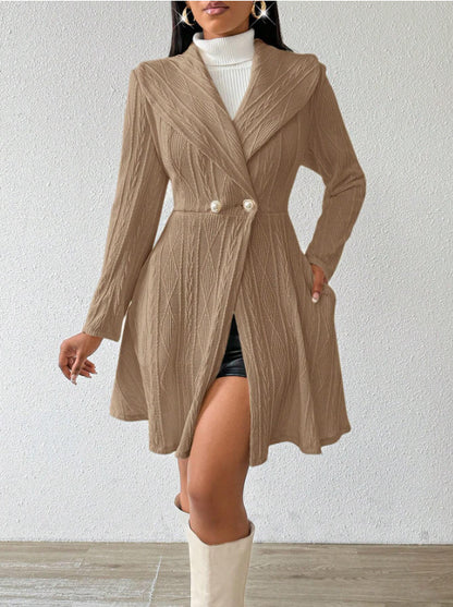 Women's Fitted Flared Textured Lapel Midi Coat