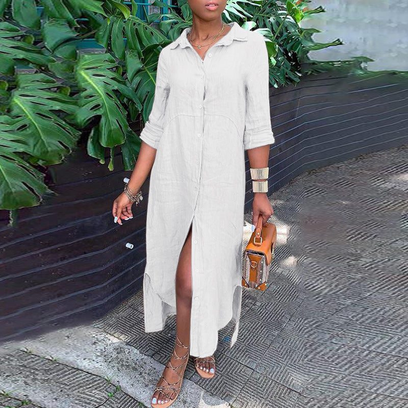 Women's Cotton Linen Button Down Maxi Dress Long Sleeve