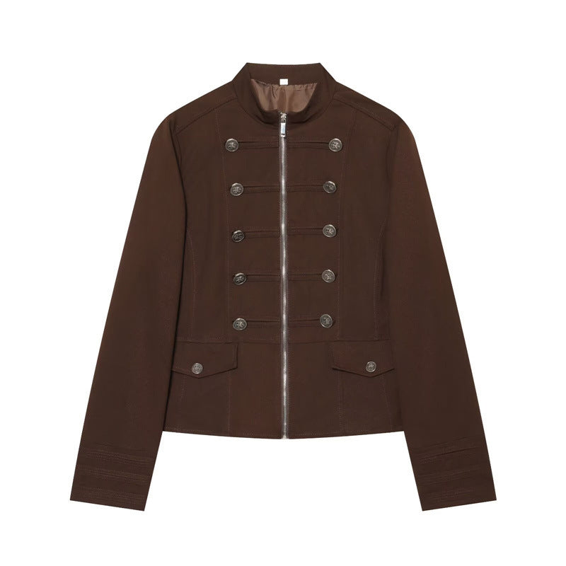Women's Stand Collar Button Detail Cropped Blazer