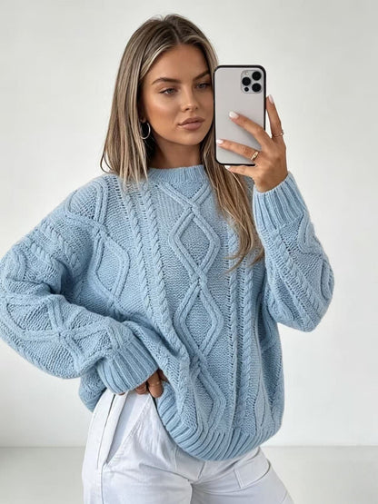 Womens Oversized Cable Knit Crew Neck Pullover Sweater