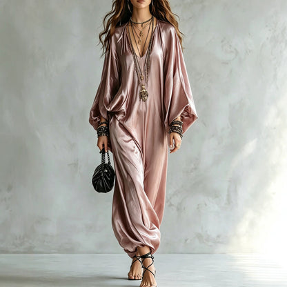 Women's Satin Wide Leg Jumpsuit V-Neck Batwing Plus Size