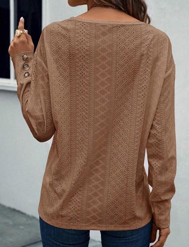 Eyelet V Neck Long Sleeve Loose Fit Casual Blouse