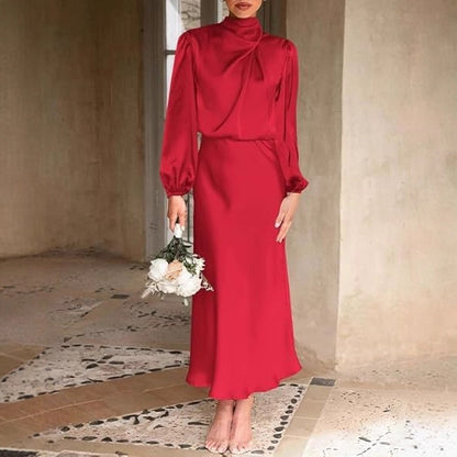 Satin Mock Neck Puff Sleeve Bodycon Midi Dress Cocktail