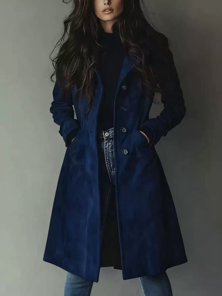 Women's Faux Suede Long Trench Coat Vintage Lapel
