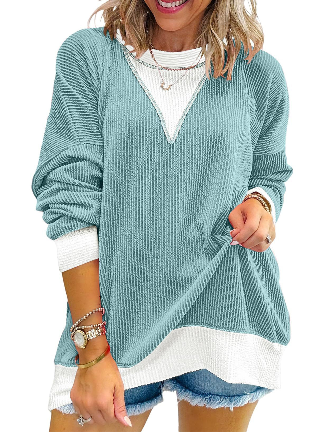 Colorblock Ribbed Sweatshirt Women Casual V Neck Pullover